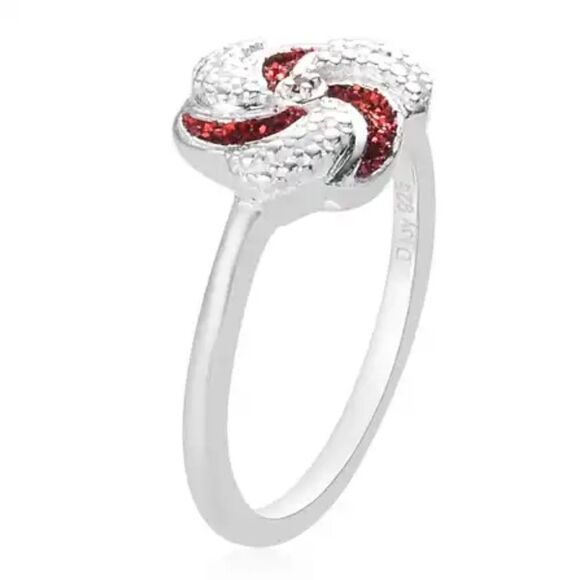 Chic Red & Clear Gemstone Swirl Accent Ring in Rhodium Sterling (Size 11.0) - Picture 3 of 3